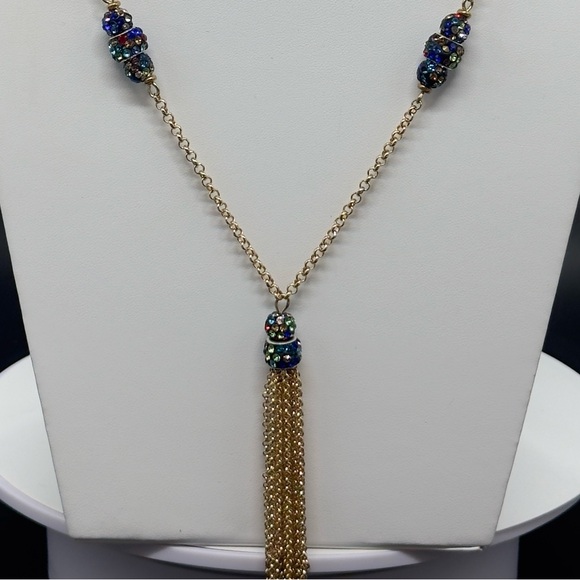 Liz Claiborne Gold Tone Multi-color Crystal Station Bead Neck with Tassel - Picture 3 of 6